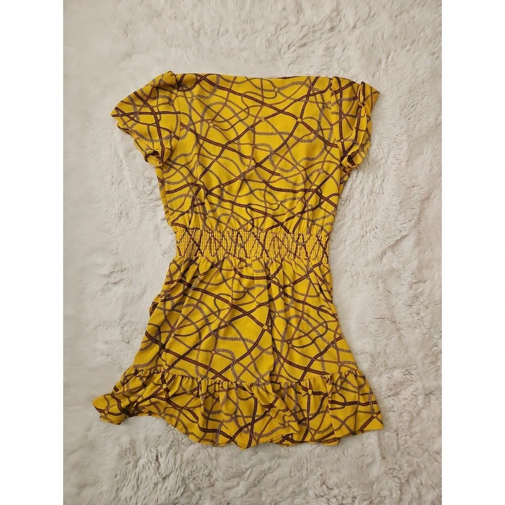 Michael Kors Yellow Gold Chain Print Dress Women's XL V-Neck Smocked Waist Ruffl